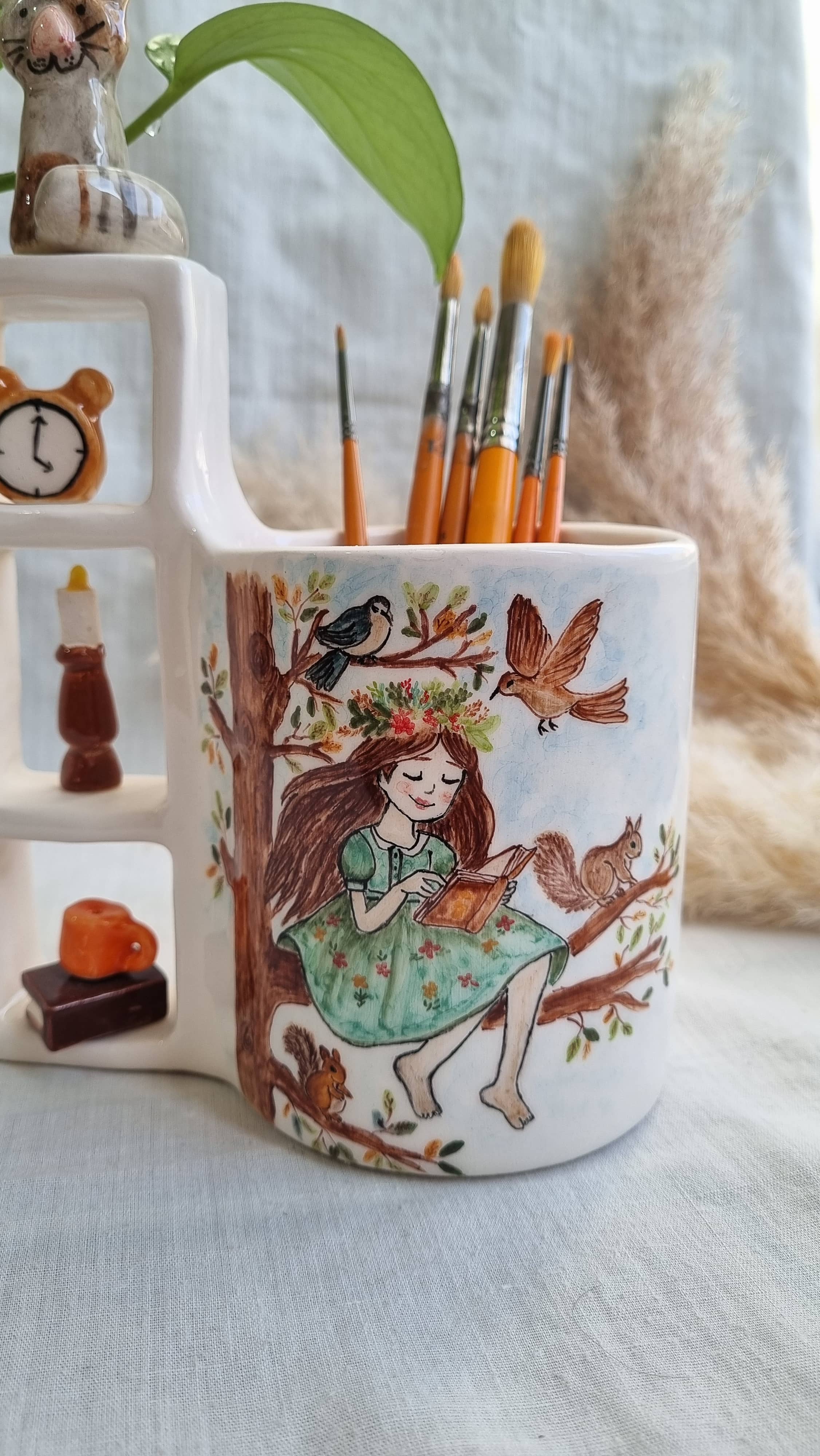 Handmade ceramic desk pen holder with autumn girl design