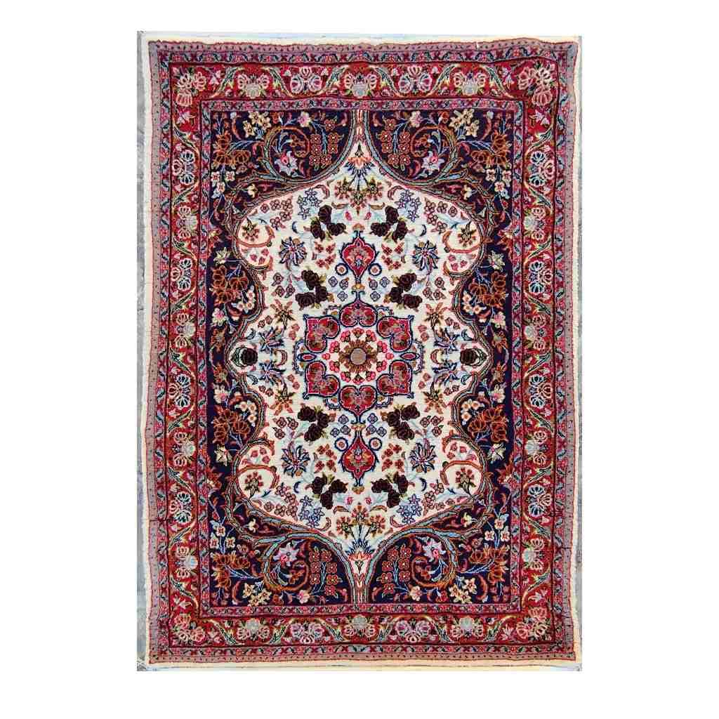 Handmade Persian White Lachak Carpet - Navy Blue Background