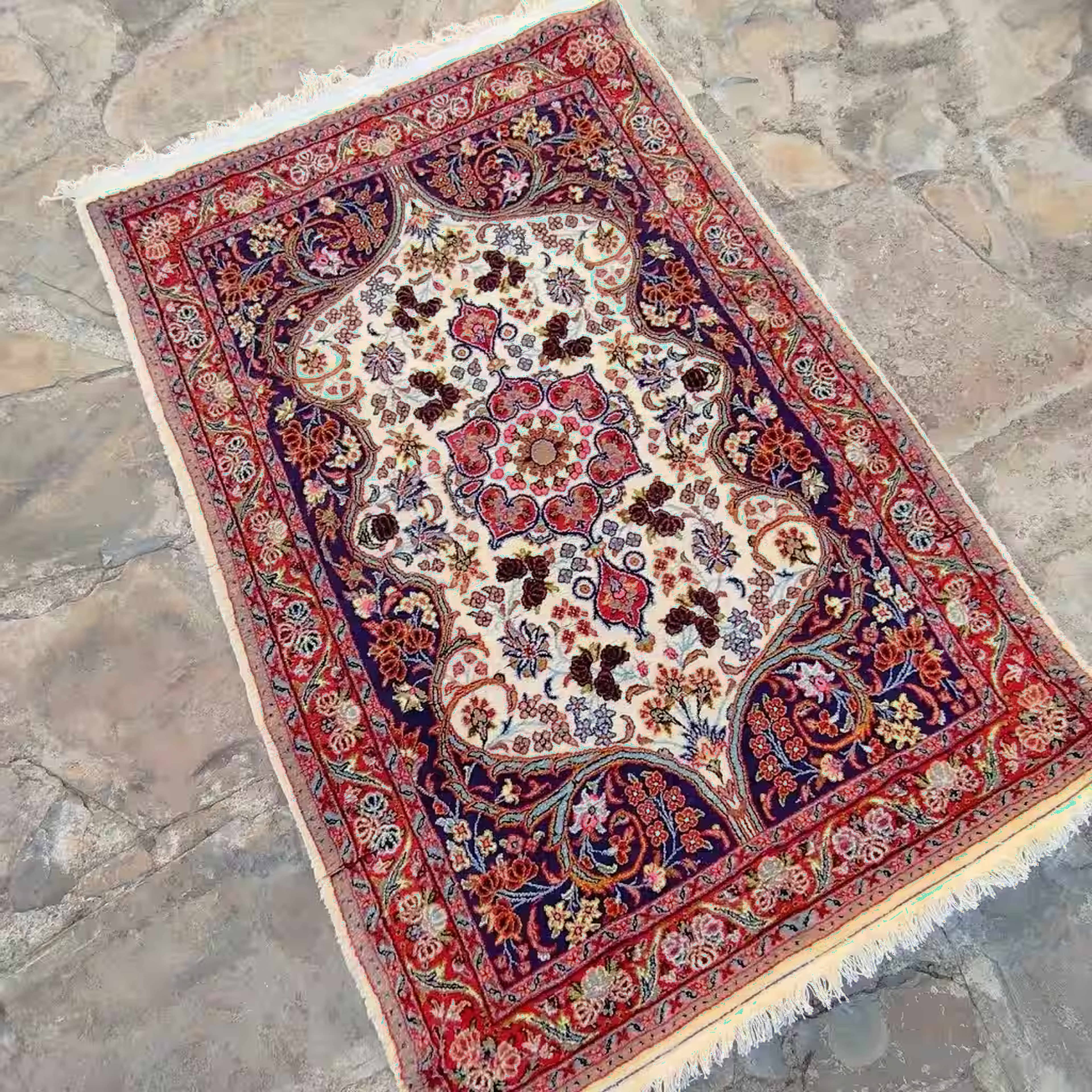 Handmade Persian White Lachak Carpet - Navy Blue Background