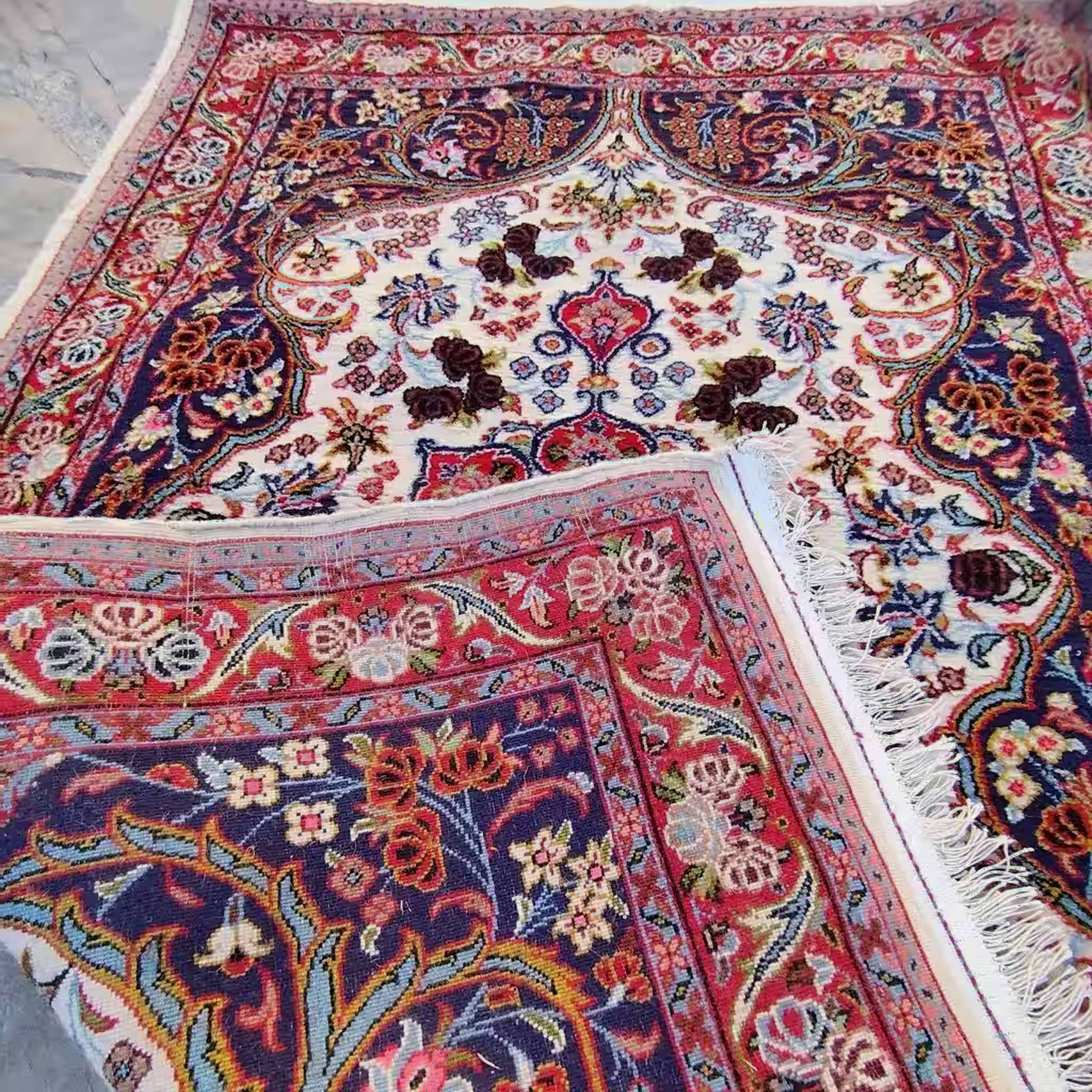 Handmade Persian White Lachak Carpet - Navy Blue Background