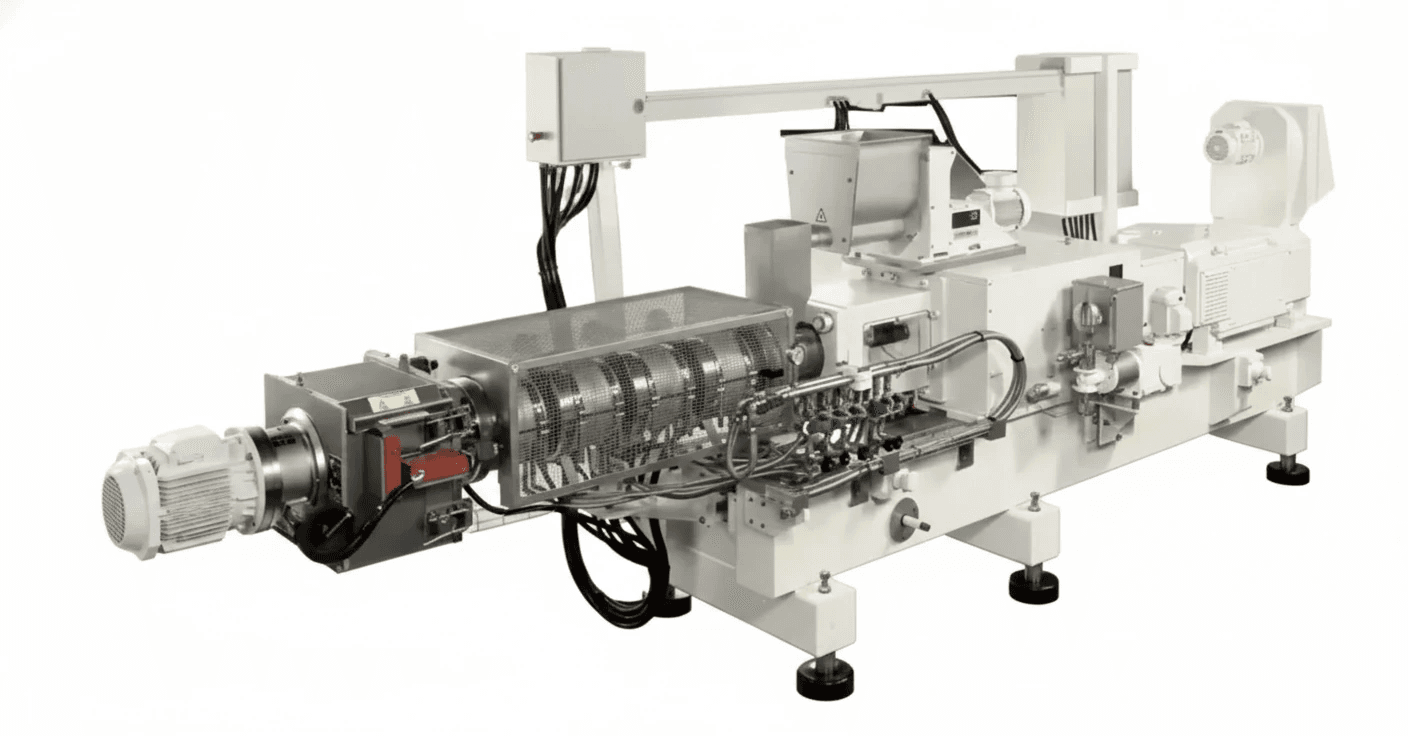 Twin-Screw Extruder:  Used for processing a wide range of products, including various types of snacks, breakfast cereals, textured proteins, pet foods, aquatic feeds, and more.