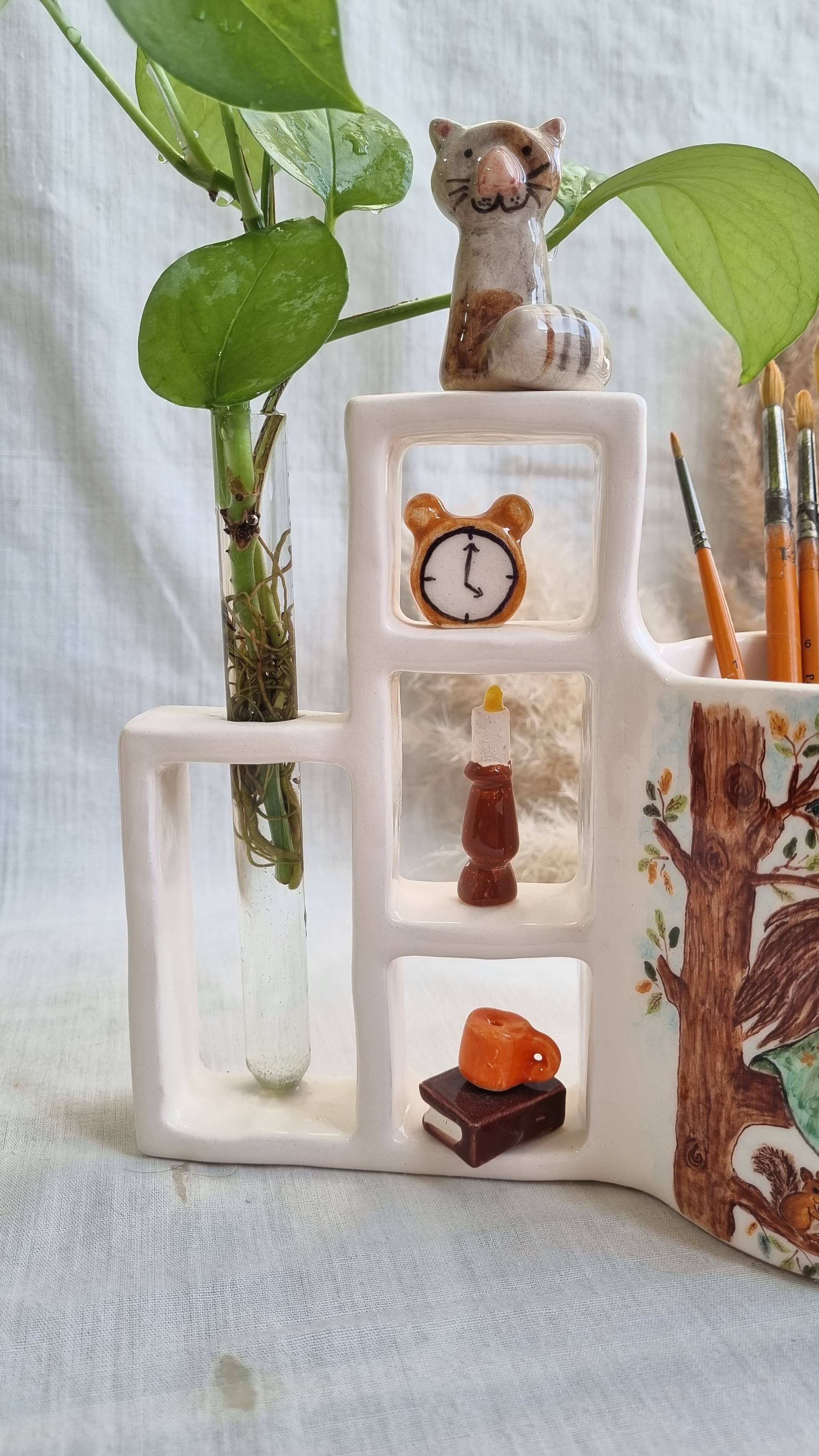 Handmade ceramic desk pen holder with autumn girl design