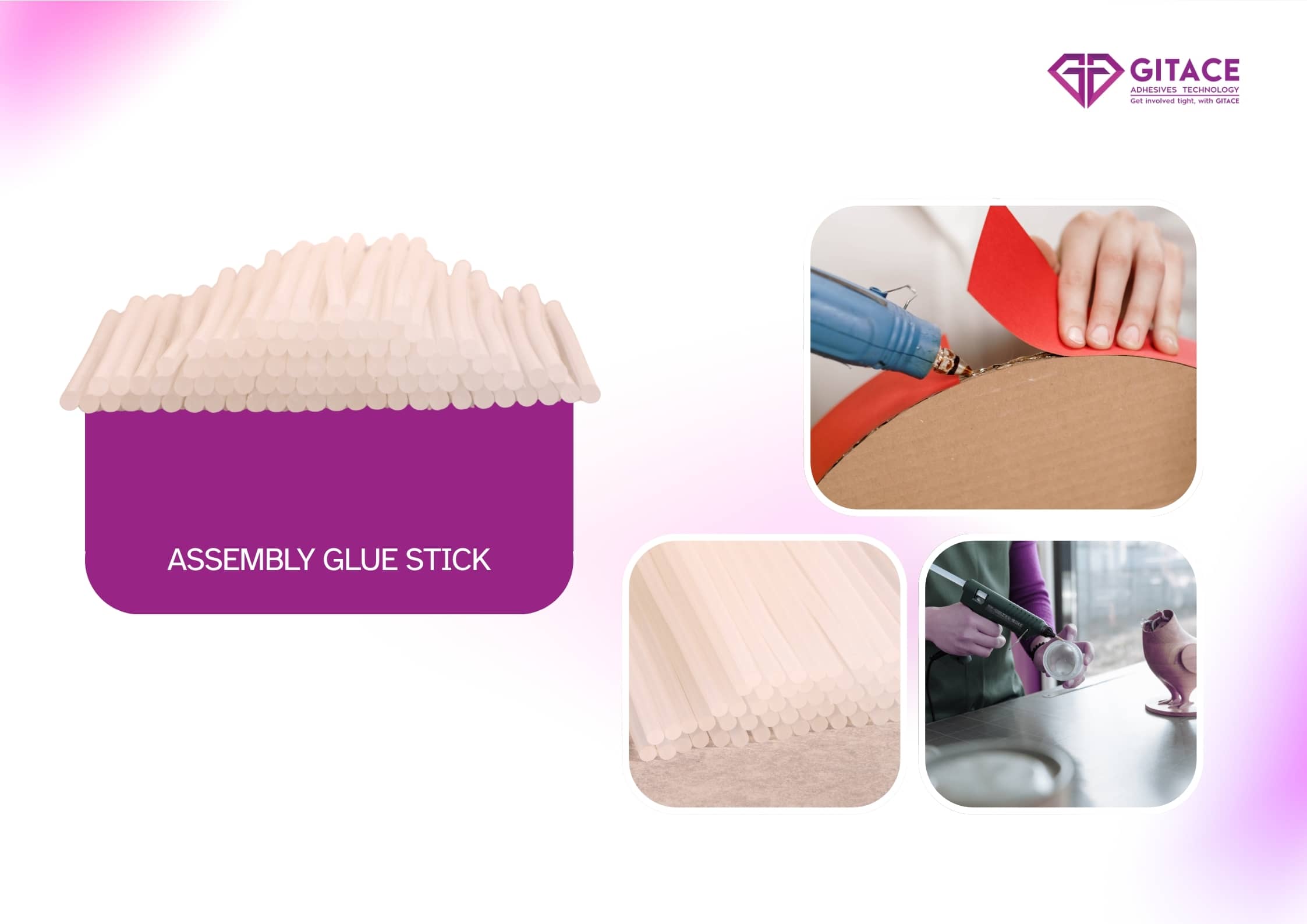 Premium white assembly hot melt glue stick for high-precision bonding in packaging, carton sealing, stationery assembly, woodworking and furniture applications.