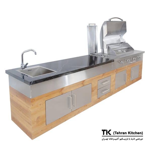 Tehran Kitchen 330 cm Island BBQ  - Stainless Steel & Thermowood with Black Stone Worktop, 16-Burner Grill