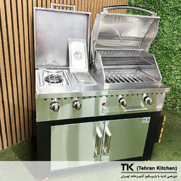 Tehran Kitchen 110 cm Gas & Charcoal BBQ with Cabinet, Stainless-Steel Top, Stainless-Steel Front, Side Burner & Fryer