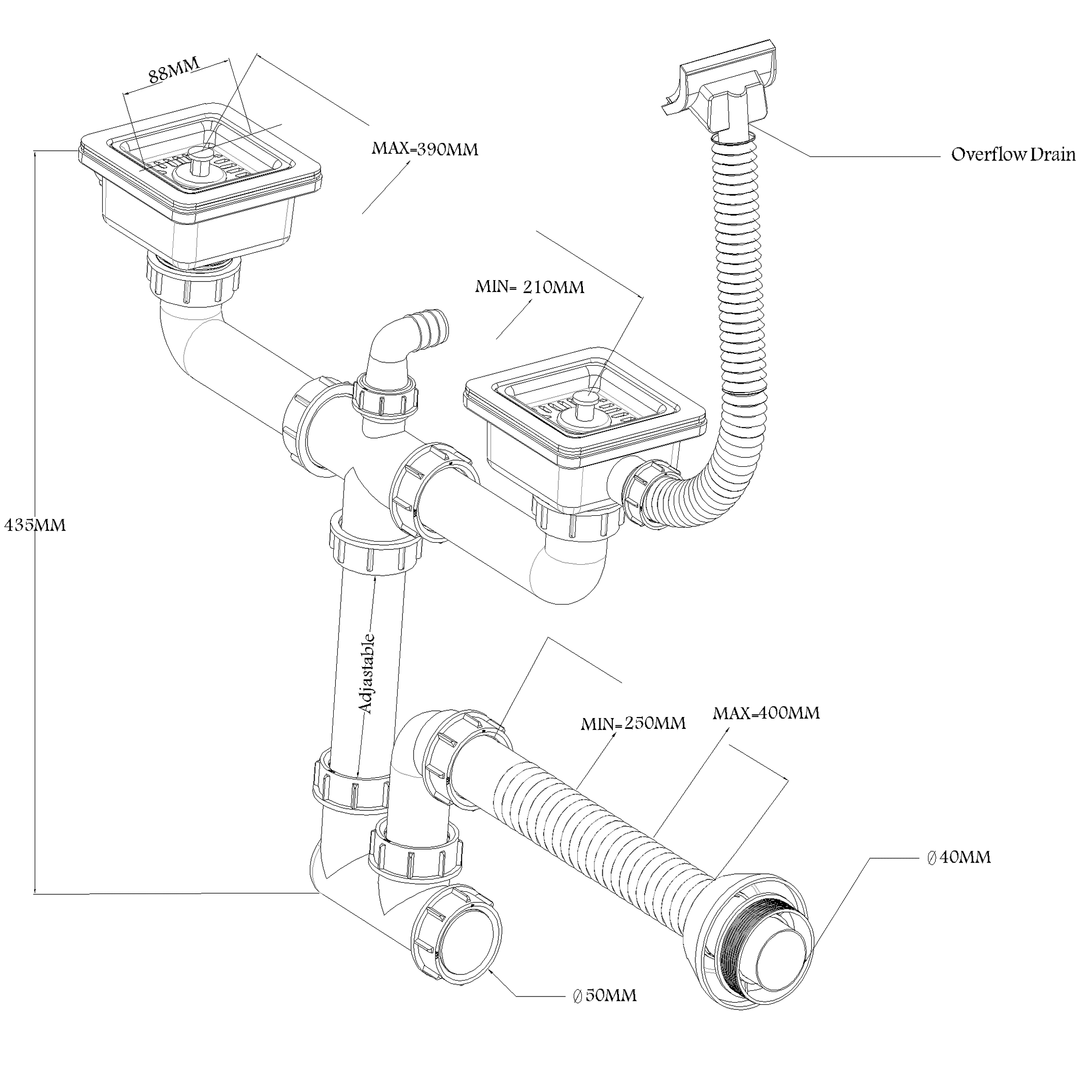 square drain siphon for double bowl sinks with overflow include cleaning port