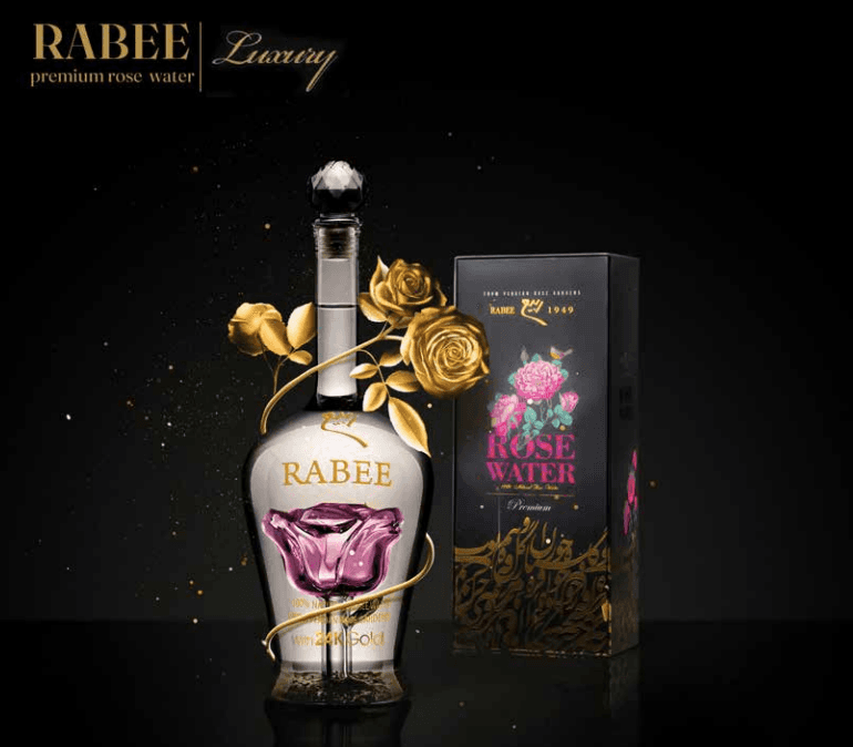 Rabee Luxury Rose Water 750ml | Premium Persian Rose Water with 24K Edible Gold Flakes | Luxury Glass Bottle & Gift Box