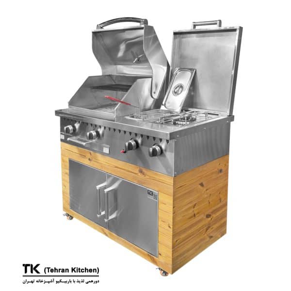 Tehran Kitchen 110 cm Gas & Charcoal BBQ with Stainless Steel, Thermowood, Fryer & Side Burner