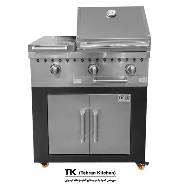 Tehran Kitchen 75 cm Gas & Charcoal BBQ with Cabinet, Stainless-Steel Top & Front, 7-Burner Grill with Side Burner