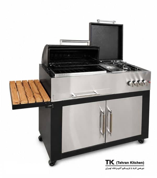 Tehran Kitchen 112 cm Gas & Charcoal BBQ Grill with Cabinet, Fryer and Side Burner