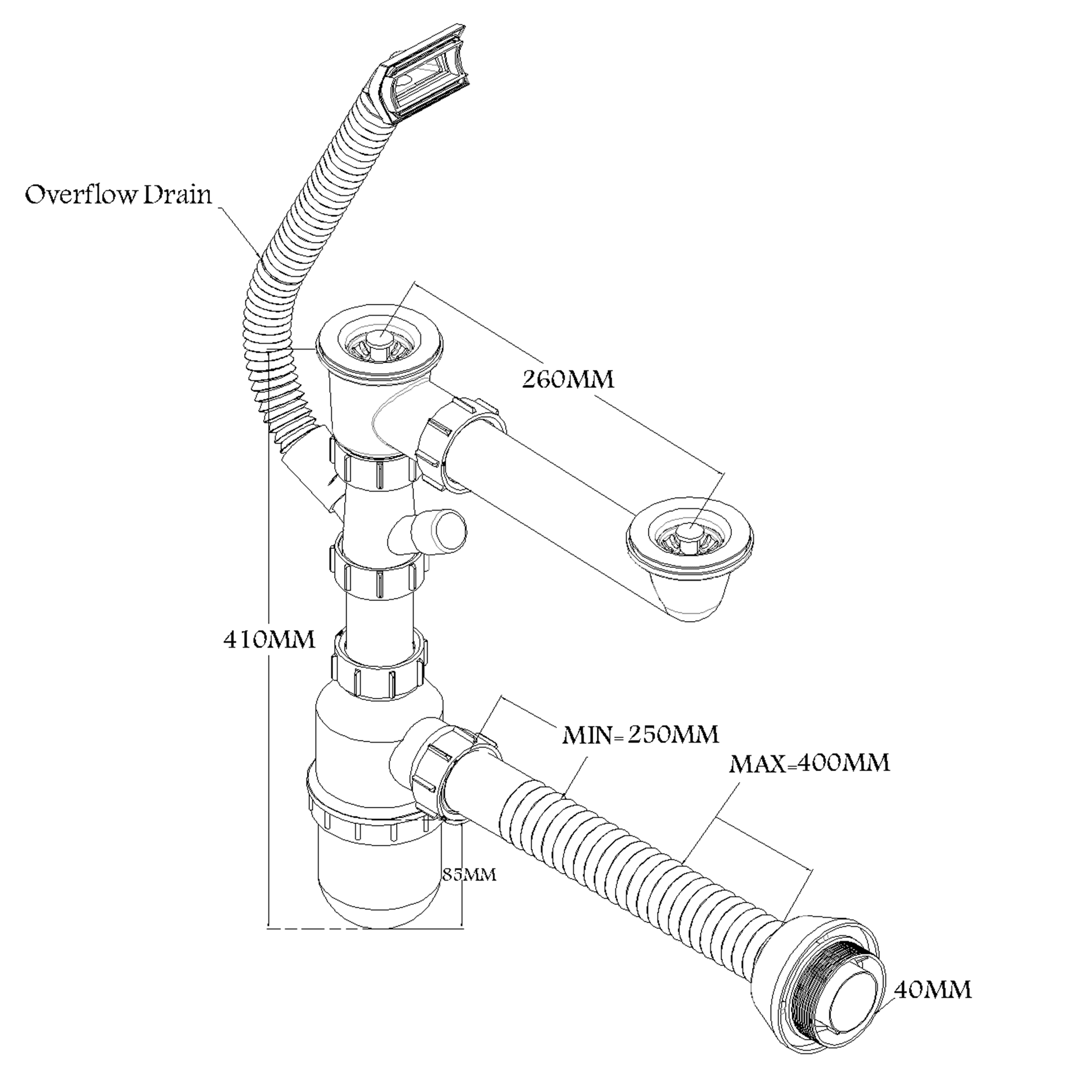 Bottle trap for bouble bowl sinks