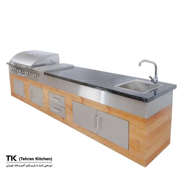 Tehran Kitchen 330 cm Island BBQ - Stainless Steel & Thermowood with Black Stone Worktop, 16-Burner Grill