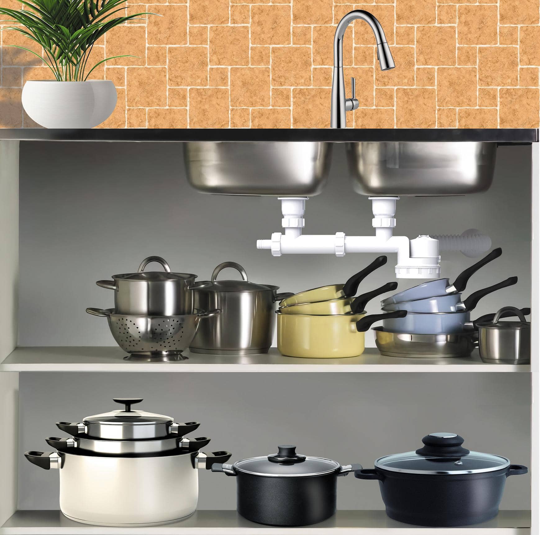 Extra-Flat Square Fancy Double-Bowl Siphon with Overflow
