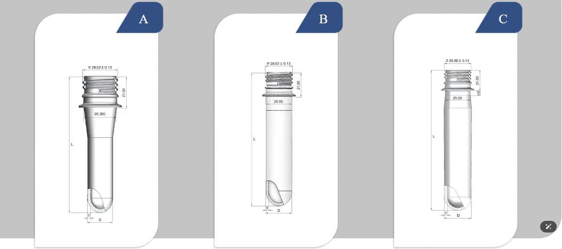 28mm PCO1810 Neck PET Preforms for Carbonated & Non-Carbonated Beverage Bottles - 13.25g to 52g
