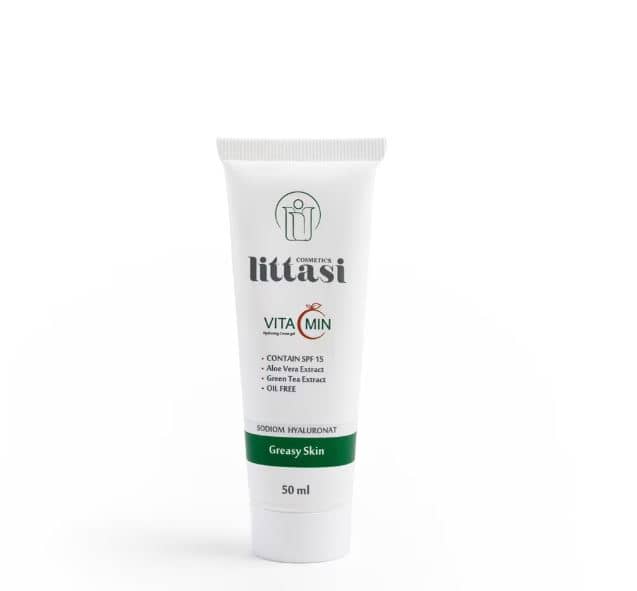 Littasi Professional Oil-Free Hydrating Cream Gel for Oily & Combination Skin with Sodium Hyaluronate, Aloe Vera, Green Tea Extract, Vitamin C & SPF 15  Lightweight Daily Moisturizer, 50 ml