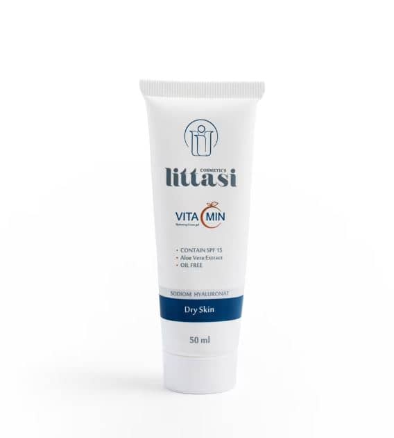Littasi Professional Hydrating Gel Cream for Dry & Normal Skin with Sodium Hyaluronate, Aloe Vera, Beeswax, Vitamin C & SPF 15  Lightweight Daily Moisturizing & Brightening Face Cream, 50 ml