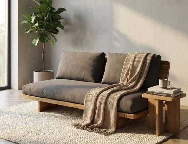 Zed Design Modern Minimalist Walnut Wood Upholstered Sofa Bench