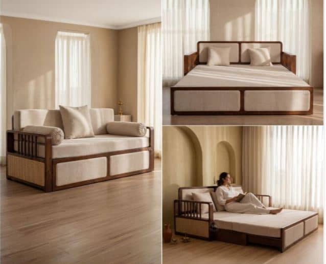 Zed Design Modern Solid Natural Wood Convertible Sofa Bed with Minimalist Design, 220 cm
