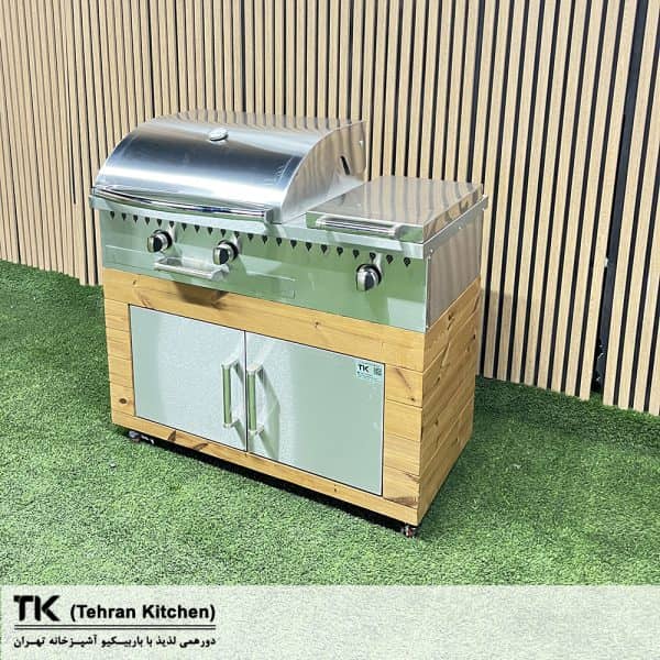 Tehran Kitchen 110 cm Gas & Charcoal BBQ with Cabinet & Side Burner -Stainless Steel & Thermowood