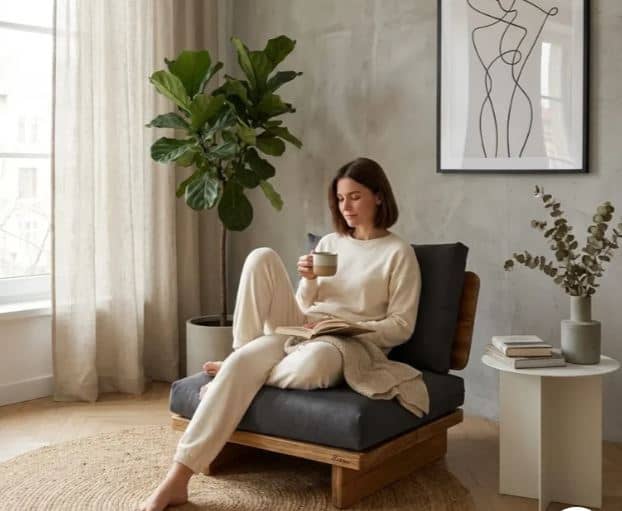 Zed Design Modern Minimalist Walnut Wood Upholstered Lounge Chair