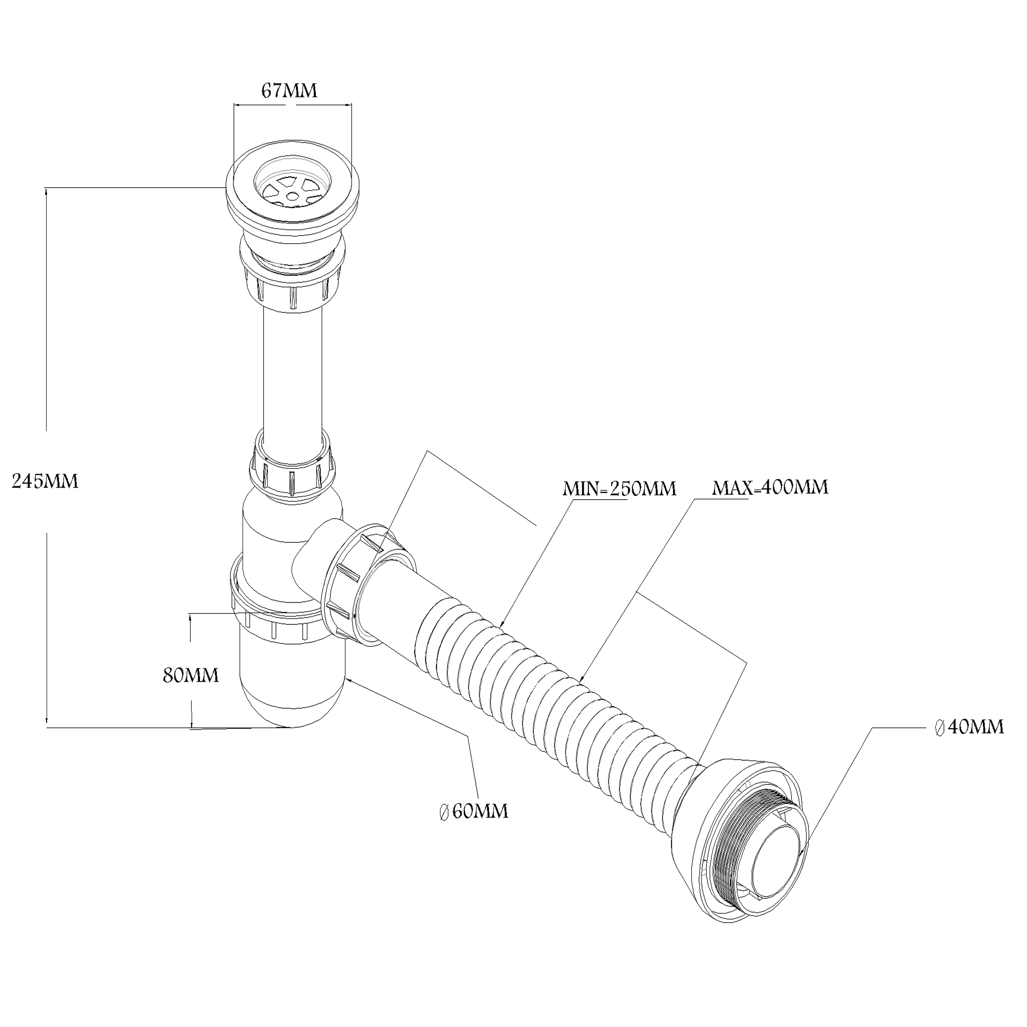 compact bottle trap for sink and basin
