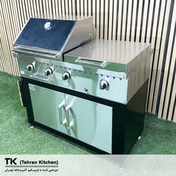 Tehran Kitchen 110 cm Gas & Charcoal BBQ with Cabinet, Stainless-Steel Top, Stainless-Steel Front, Side Burner & Fryer