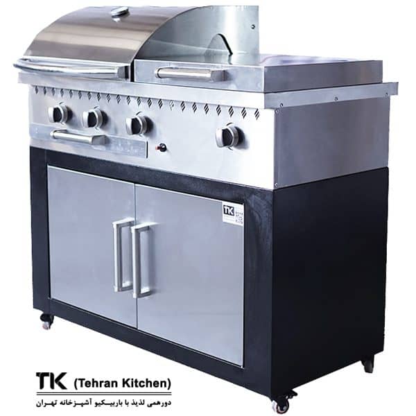 Tehran Kitchen 110 cm Gas & Charcoal BBQ with Cabinet, Stainless-Steel Top, Stainless-Steel Front, Side Burner & Fryer
