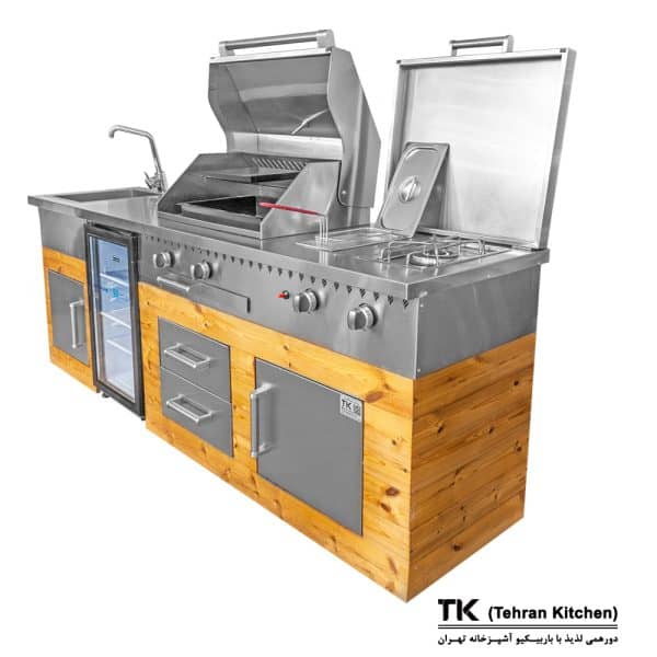 Tehran Kitchen 242 cm Gas & Charcoal BBQ Island with 60 cm Refrigerator Compartment