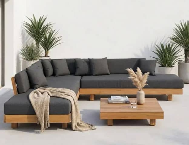 Zed Design Russian Pine Wood L-Shaped Outdoor Sofa Set with High-Density Foam Cushions