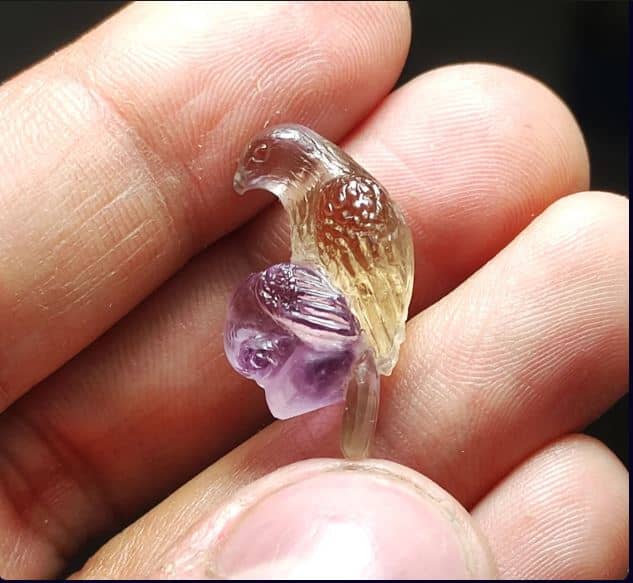 Handcrafted Natural Ametrine Falcon and Dove Micro Gemstone Sculpture Pendant Collectible Art