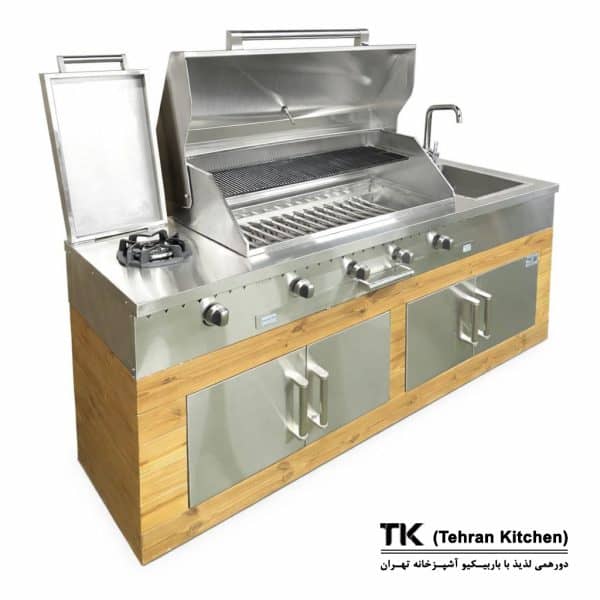 Tehran Kitchen 190 cm Gas & Charcoal BBQ with Stainless Steel Cabinet, Thermowood, Side Burner & Sink