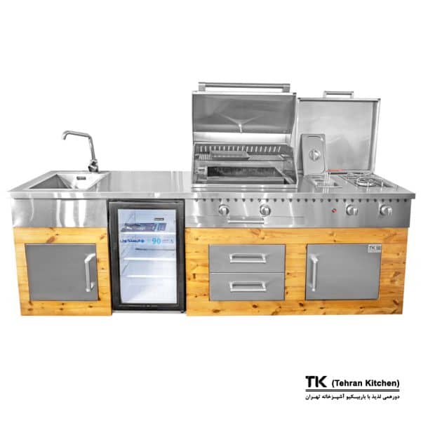 Tehran Kitchen 242 cm Gas & Charcoal BBQ with Stainless Steel Cabinet, Thermowood Finish, Fryer, Burner & Sink