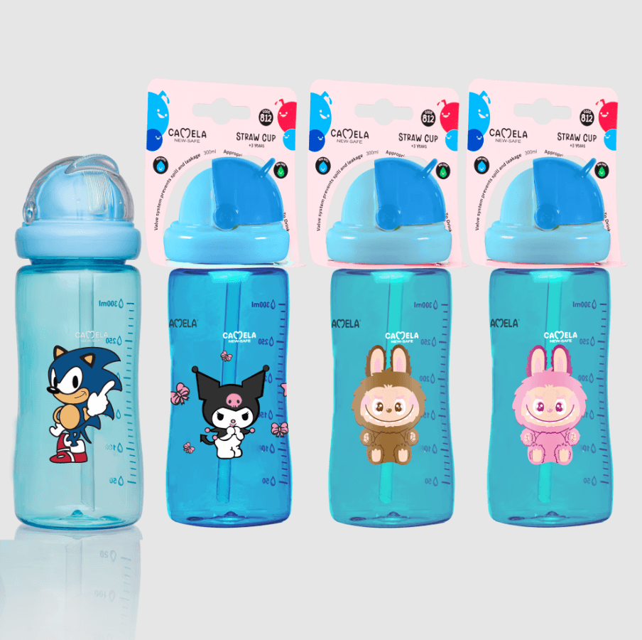 Camela 300-mL PC baby straw cup with a detachable & adjustable strap