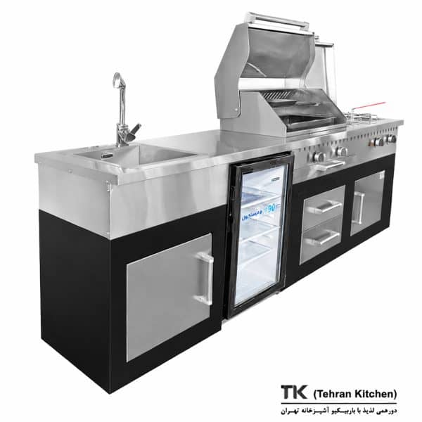 Tehran Kitchen 242 cm Gas & Charcoal BBQ with Stainless Steel Top, Steel Cabinet, Fryer, Burner & Sink