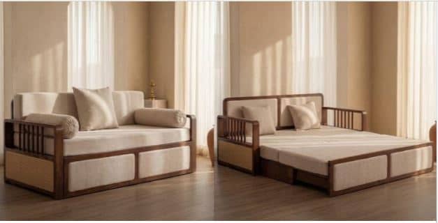Zed Design Modern Solid Natural Wood Convertible Sofa Bed with Minimalist Design, 220 cm