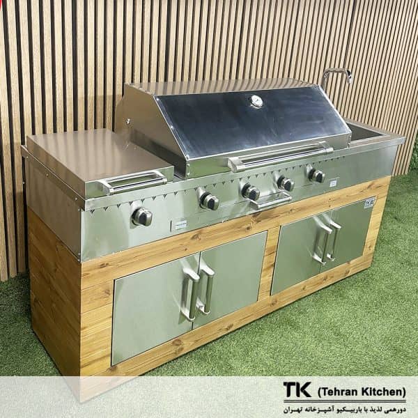 Tehran Kitchen 190 cm Gas & Charcoal BBQ with Stainless Steel Cabinet, Thermowood, Side Burner & Sink