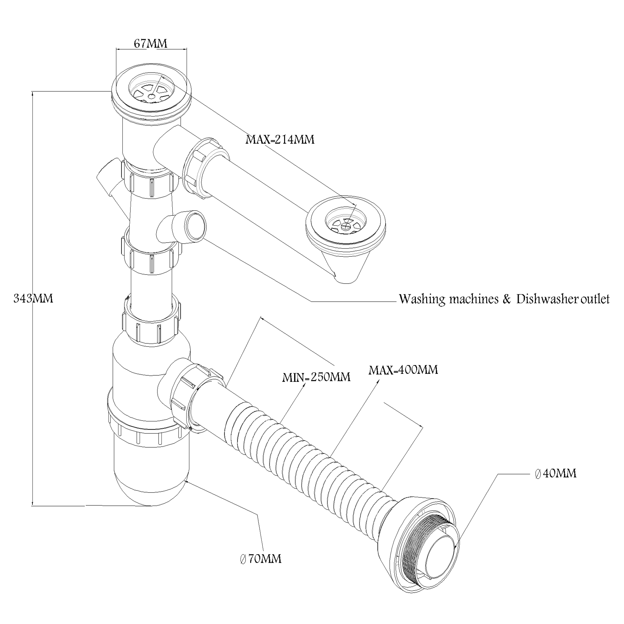 bottle trap for double bowl sinks