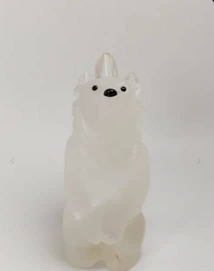 Handcrafted Natural Quartz Polar Bear Tabletop Perfume Bottle with Obsidian Eyes and Ice Crystal Cap