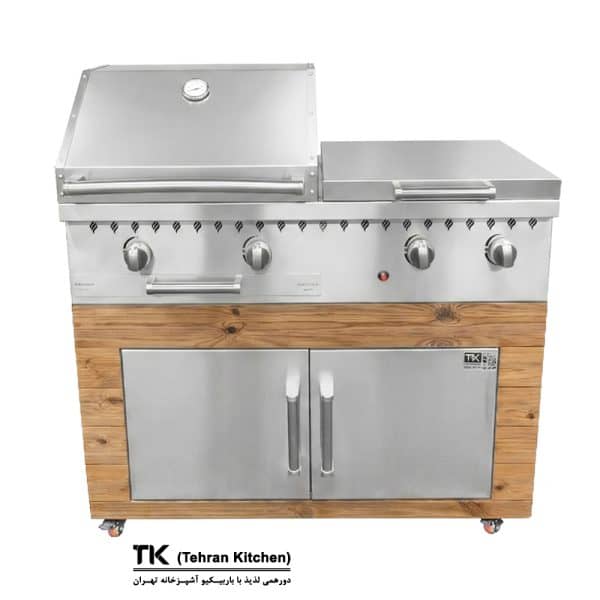 Tehran Kitchen 110 cm Gas & Charcoal BBQ with Cabinet, Side Burner & Fryer - Stainless Steel & Thermowood