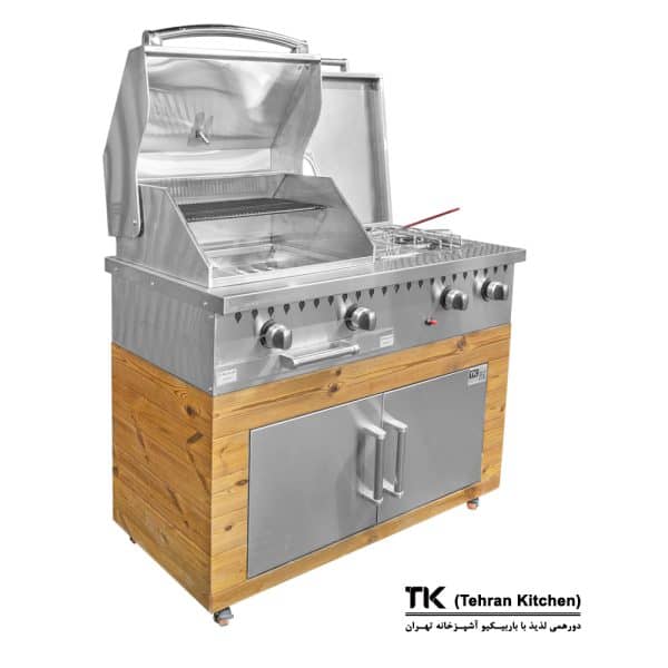 Tehran Kitchen 110 cm Gas & Charcoal BBQ with Stainless Steel, Thermowood, Fryer & Side Burner