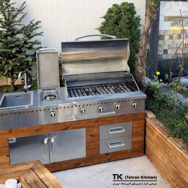 Tehran Kitchen 190 cm Gas & Charcoal BBQ with Stainless Steel Cabinet, Thermowood, Side Burner & Sink