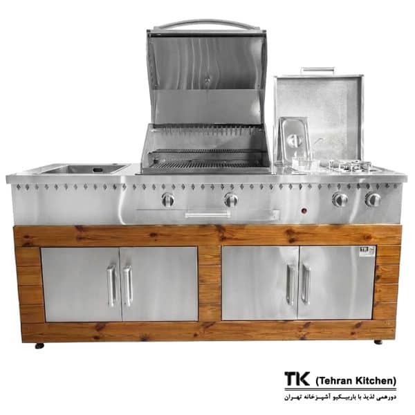 Tehran Kitchen 190 cm Gas & Charcoal BBQ with Stainless Steel, Thermowood, Fryer & Side Burner