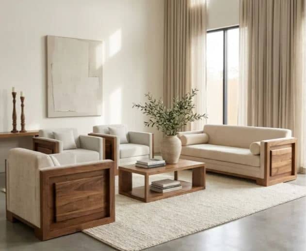 Zed Design Modern Solid Walnut Wood Living Room Sofa Set with 3-Seater, 2-Seater & Single Sofa
