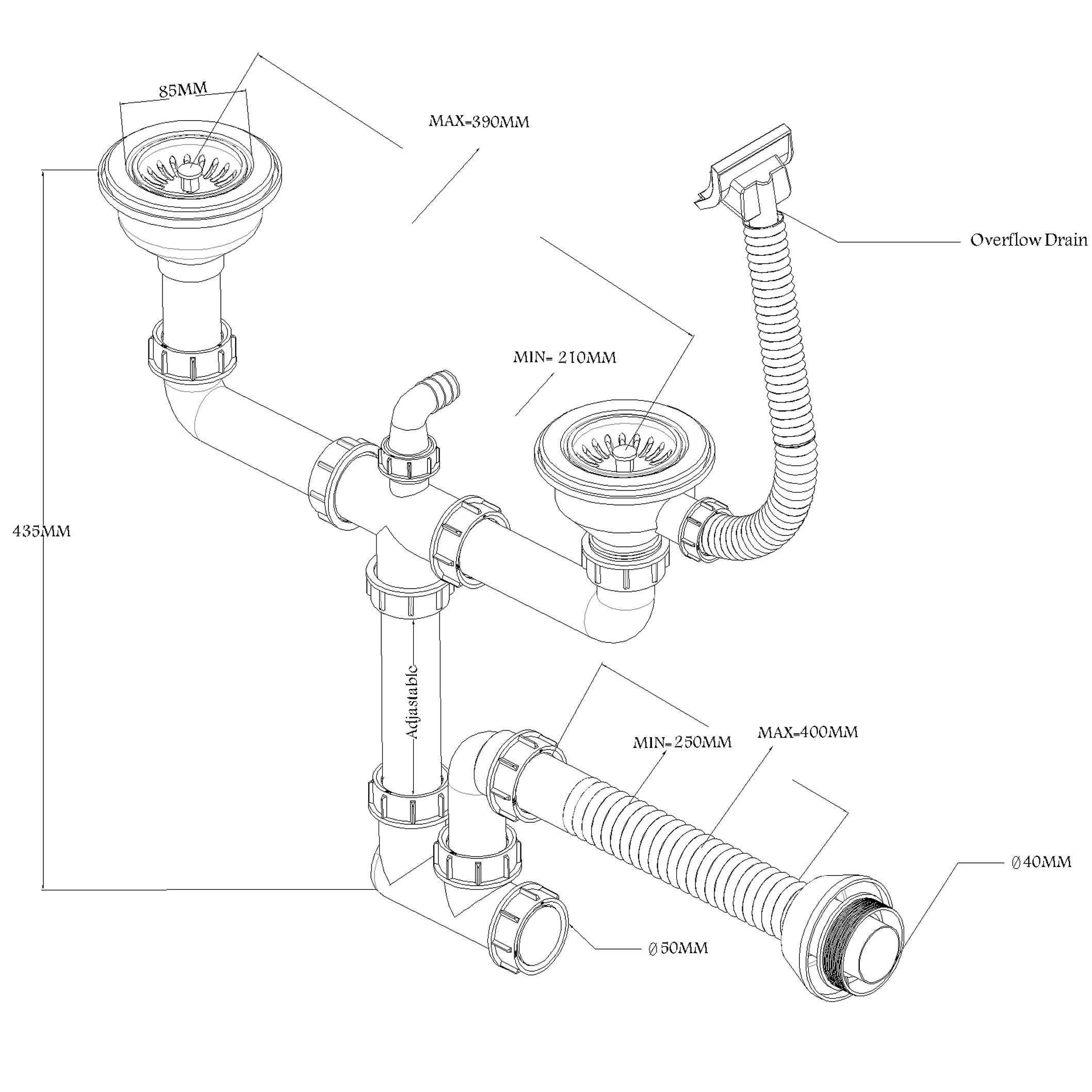 Drain Siphon for Double Bowl Sink With Overflow include Cleaning Port