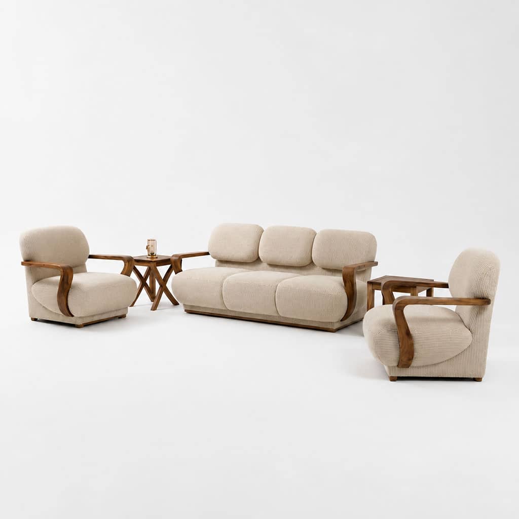 Zed Design Dante Modern 3-Seater Living Room Sofa Set with Natural Walnut Wood Frame & Upholstery