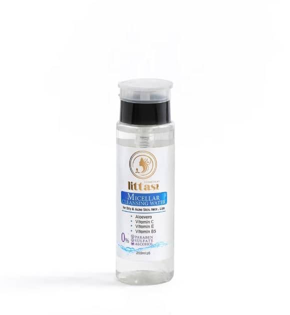 Littasi Sulfate-Free & Paraben-Free Micellar Cleansing Water for Oily & Normal Skin , Oil Control Makeup Remover with Vitamins C, E & B5 and Aloe Vera Extract for Face, Eyes & Lips (200 ml)