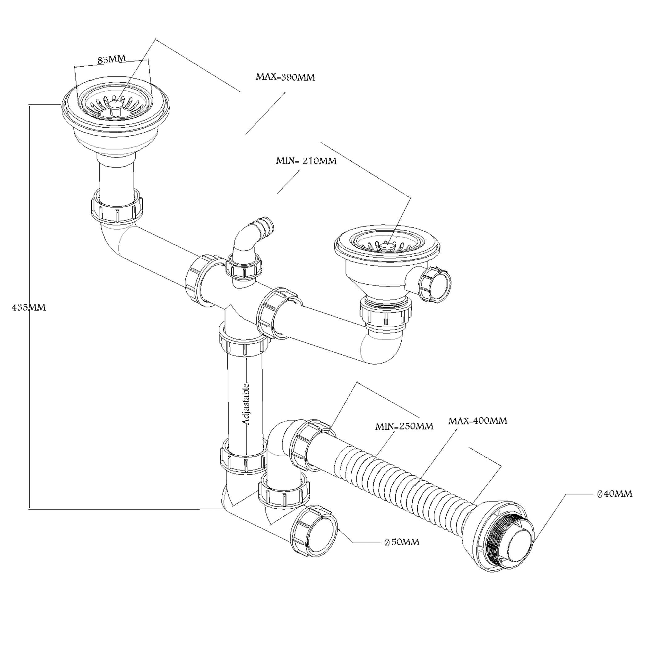 Drain Siphon for Double Bowl Sinks Without Overflow include Cleaning Port