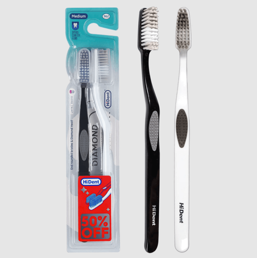 HiDent diamond medium toothbrush with cap, twin pack