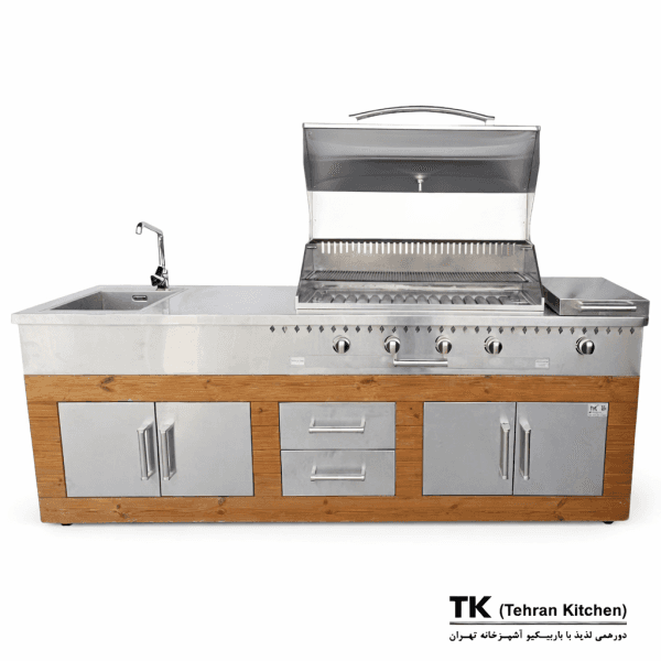 Tehran Kitchen 242 cm Gas & Charcoal BBQ with Stainless Steel Cabinet and Thermowood Finish