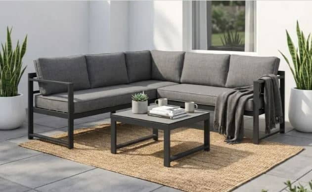 Zed Design Modern Industrial L-Shaped Sofa with Metal Frame & Custom Fabric Upholstery